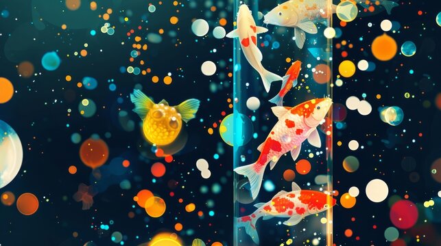 Abstract scientific illustration of a test tube filled with colorful fish and bubbles, conceptualizing innovative research and experimental techniques in marine biology and aquatic science