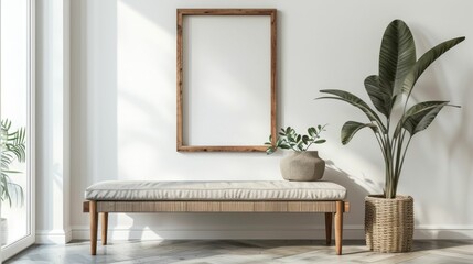 Blank wall frame a simple bench in a Scandinavian-style room