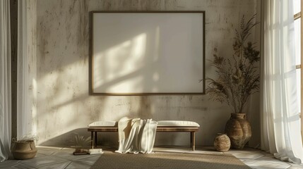 Blank wall frame a simple bench in a Scandinavian-style room