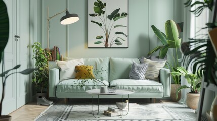 Scandinavian living room decor with mint sofa, poster, plants, and accessories
