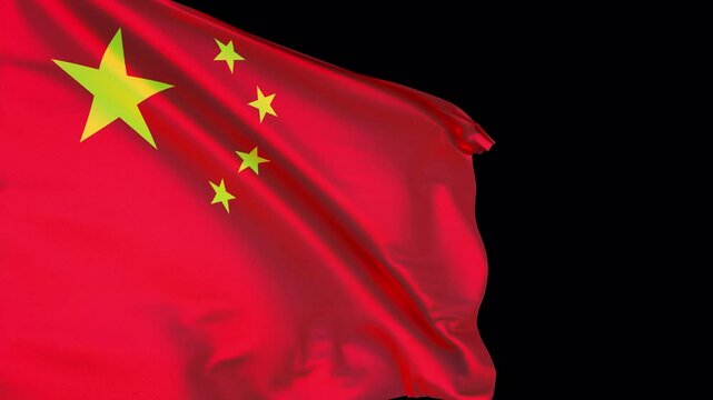 Detailed close-up of the Chinese flag fluttering in the wind, transparent background, seamless loop, 30 fps, slow motion animation possible	