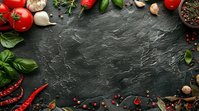 Black Stone Cooking Background: Top View of Spices and Vegetables