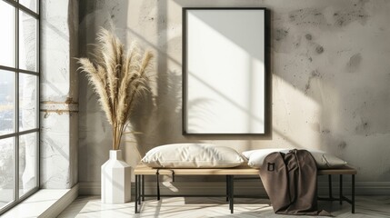 Blank wall frame a simple bench in a Scandinavian-style room