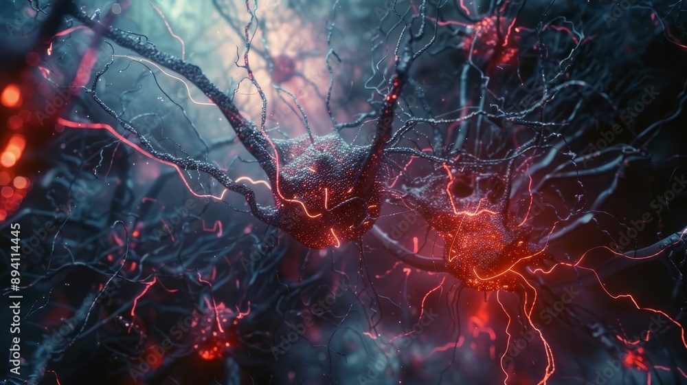 Poster creative representation of neural networks with interconnected nodes and links, ideal for business a