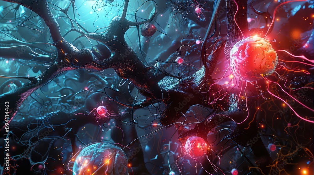 Poster creative representation of neural networks with interconnected nodes and links, ideal for business a