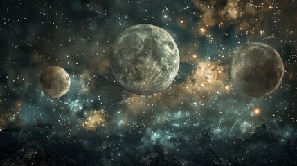 Stunning astronomy concept backdrop featuring a cosmic nebula with bright stars, galactic clouds, and celestial bodies against a deep space background - ideal for educational, scientific, and cosmic e