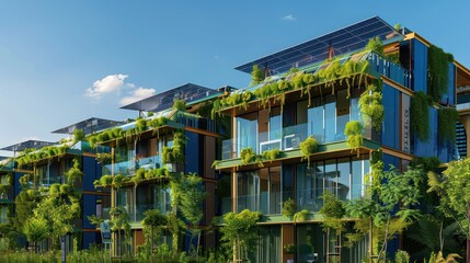 Obraz premium eco-friendly corporate building with solar panels, green roofs, and sustainable design features