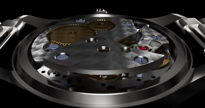 3D Animation of An Automatic Watch Gears, Jewels, and Pallet Forks in Action. Close Up Macro Shot. Luxury Watch Related 3D Animation.