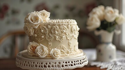 A single-layer cake featuring delicate lace piping in royal icing, embellished with pearls and white roses.