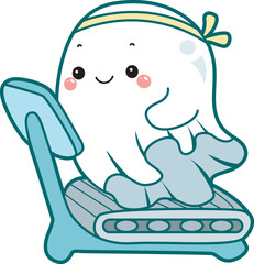 Fototapeta premium Illustration of cute white ghost icon. Funny white ghost in activities stickers. A cute white ghosts workout in the gym.