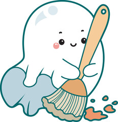 Illustration of cute white ghost icon.
Funny white ghost in activities stickers.
A cute white ghosts is sweeping the floor with broom.