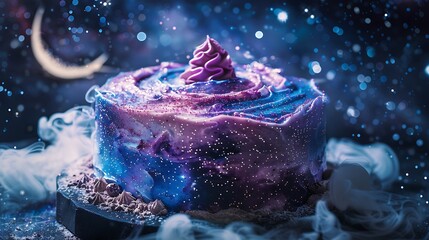 A single-layer cake featuring swirling galaxy colors and glittering stars, creating a mesmerizing cosmic effect. The background includes a panoramic view of the Milky Way with a crescent moon,