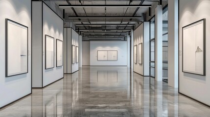 Blank wall frame in a modern, white-walled gallery space