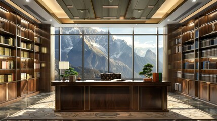 elegant executive office with a large desk, bookshelves, and a panoramic view of the mountains