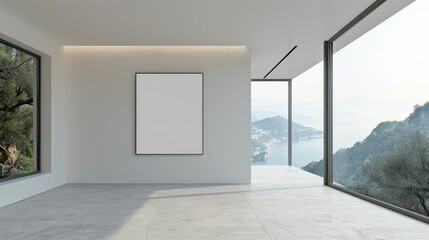 Obraz premium Blank wall frame in a modern, white-walled gallery space