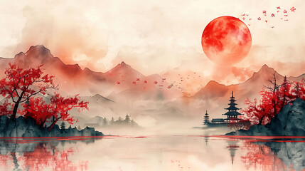 Painting of traditional Japanese icon and pattern background