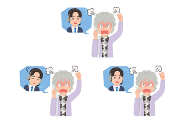 オペレーターに固定電話で苦情を言うシニア　表情セット