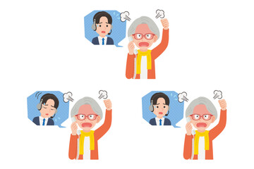 オペレーターに固定電話で苦情を言うシニア　表情セット