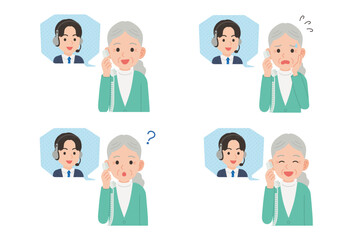 オペレーターと固定電話で通話するシニア　表情セット