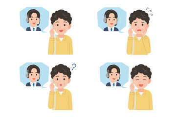 オペレーターと固定電話で通話するシニア　表情セット