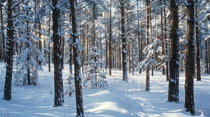Obraz premium Snow-Covered Pine Forest in Winter Sunshine