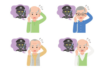 詐欺師と固定電話で通話するシニア　表情セット