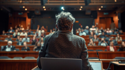 Obraz premium The Weight of Expectation: A Man Stands Poised, Laptop a Beacon of Information