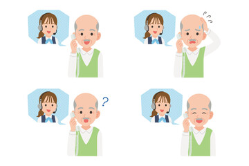 オペレーターと固定電話で通話するシニア　表情セット