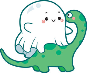 Illustration of cute white ghost icon.
Funny white ghost in activities stickers.
A cute white ghosts riding a green dinosaur.