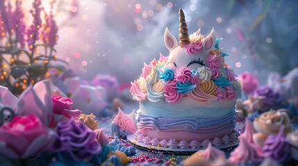 A whimsical unicorn cake with a glittering horn, pastel ears, and a colorful buttercream mane. The background features a magical garden with twinkling lights and mystical creatures, hd quality,