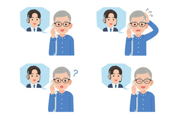 オペレーターと固定電話で通話するシニア　表情セット