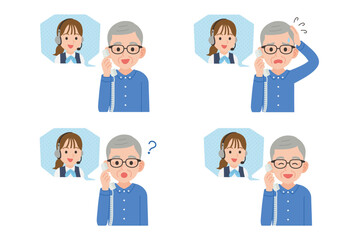 オペレーターと固定電話で通話するシニア　表情セット