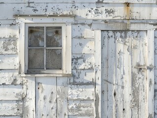 Weathered Wooden Wall with Window and Door