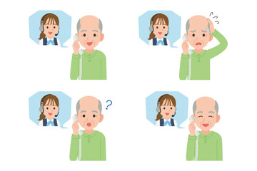 オペレーターと固定電話で通話するシニア　表情セット