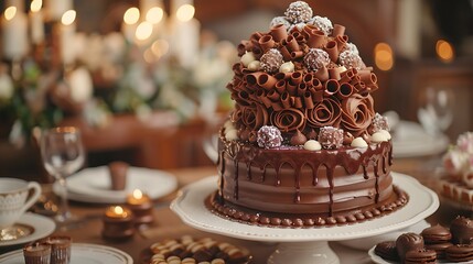 An elegant cake covered in chocolate curls, shards, and truffles, creating a visually stunning chocolate masterpiece.