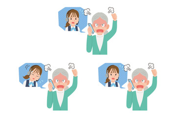 オペレーターにスマホで苦情を言うシニア　表情セット