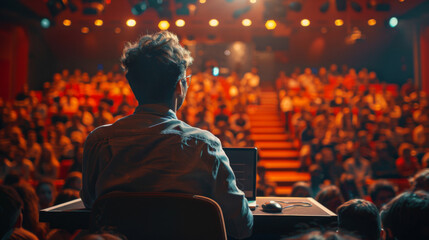 Fototapeta premium The Power of One: A Man Stands Tall, Laptop Amplifying his Voice
