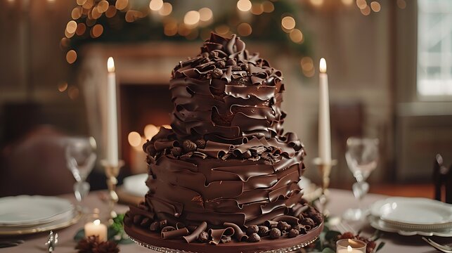 An elegant cake covered in chocolate curls, shards, and truffles, creating a visually stunning chocolate masterpiece.