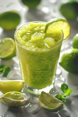 Fototapeta premium Refreshing Green Lime Slushie with Ice and Fresh Lime Slices on a White Background