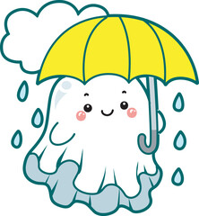 Illustration of cute white ghost icon.
Funny white ghost in activities stickers.
A cute white ghosts bring an umbrella in the raining.