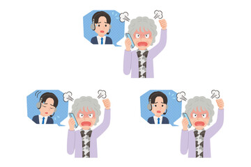 オペレーターにスマホで苦情を言うシニア　表情セット