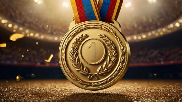 Gold medal with number one for 1st place in sports stadium with confetti.  Golden symbol of the winner, Olympic Games, sports competition, championship games. Winning the competition