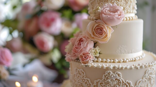 An elegant cake with detailed lace patterns piped in royal icing, accented with pearls and blush roses. The background captures a vintage wedding setup with antique decor and floral arrangements,