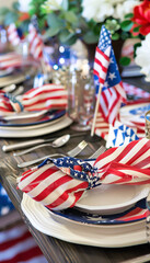 Obraz premium Patriotic Table Setting – Plates, Cutlery, Napkins, Flags for Labor Day, Fourth of July, Memorial Day