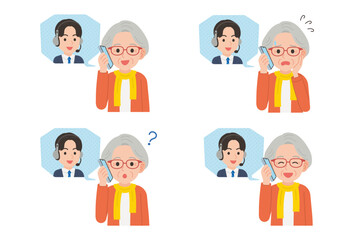 オペレーターとスマホで通話するシニア　表情セット