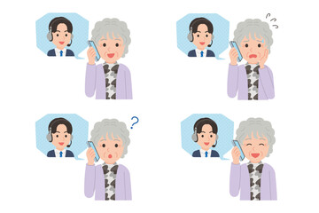オペレーターとスマホで通話するシニア　表情セット