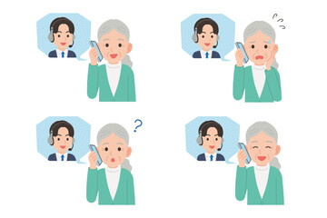 オペレーターとスマホで通話するシニア　表情セット