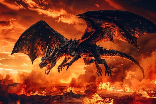 A majestic dragon soars above blazing flames in a fiery fantasy landscape, evoking a sense of power and mythical wonder.