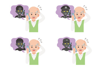 詐欺師とスマホで通話するシニア　表情セット