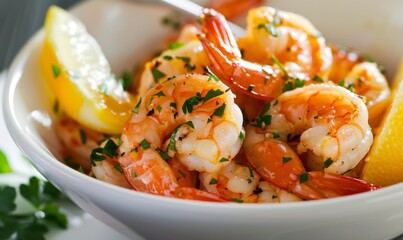 Gourmet Shrimp Delight: AI-Generated 4K Wallpaper Showcasing Exquisite Seafood Cuisine. Abstract White Bowl with Succulent Prawns and Zesty Lemon Wedges, Epitomizing Culinary Mastery, Epicurean Pleasu